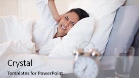  Presentation with cause - Colorful PPT layouts enhanced with young woman covering her ears cause of ringing alarm clock backdrop and a lemonade colored foreground