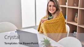  Presentation with coffe - Presentation theme enhanced with young-woman-covering-with-blanket background and a light gray colored foreground