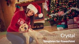  Presentation with dog christmas - Presentation theme enhanced with young woman cuddling beautiful dog for christmas background and a coral colored foreground