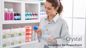  Presentation with bottles - PPT theme with young-woman-customer-holding-deodorant background and a light gray colored foreground