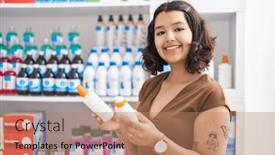  Presentation with sunscreen - Presentation design featuring young-woman-customer-holding-sunscreen background and a coral colored foreground