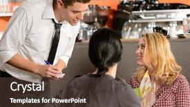  Presentation with restaurant waiter - Theme consisting of young woman customer in restaurant background and a tawny brown colored foreground