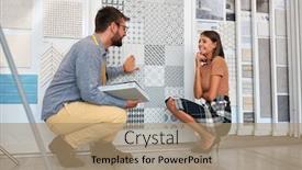  Presentation with house - PPT theme featuring young-woman-customer-in-store background and a coral colored foreground