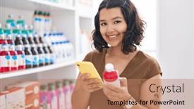  Presentation with medication - Slides with young-woman-customer-using-smartphone background and a coral colored foreground