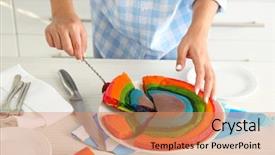  Presentation with rainbow - Theme enhanced with young woman cutting rainbow cake background and a  colored foreground