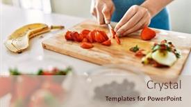  Presentation with strawberry - Theme with young-woman-cutting-strawberry background and a soft green colored foreground