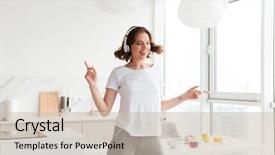  Presentation with listening woman - Presentation theme with young woman dancing listening music background and a soft green colored foreground