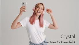  Presentation with listening woman - Slides having young-woman-dancing-while-listening background and a light gray colored foreground