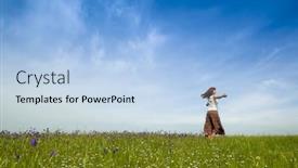  Presentation with beautiful-green - Cool new theme with young woman dancing on a beautiful green meadow backdrop and a light blue colored foreground