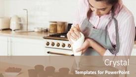  Presentation with muffins - PPT theme enhanced with young-woman-decorates-chocolate-muffins background and a coral colored foreground