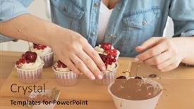  Presentation with muffins - Slides featuring young-woman-decorates-muffins background and a  colored foreground