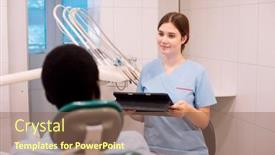  Presentation with health technology - PPT theme featuring young-woman-dentist-makes background and a violet colored foreground