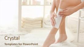  Presentation with wax - Beautiful presentation theme featuring young woman depilating legs with wax sitting on chair backdrop and a sky blue colored foreground