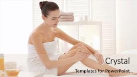  Presentation with wax - Beautiful presentation theme featuring young woman depilating legs with wax sitting on bed backdrop and a lemonade colored foreground