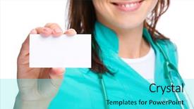  Presentation with business card - Cool new presentation theme with young woman doctor is showing backdrop and a cyan colored foreground