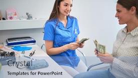  Presentation with donation - Amazing PPT layouts having young-woman-doctor-receives backdrop and a light blue colored foreground