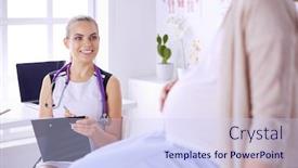  Presentation with pregnant woman doctor - Slide deck featuring young-woman-doctor-with-stethoscope background and a sky blue colored foreground