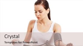  Presentation with blood test - Colorful presentation theme enhanced with young woman doing blood pressure backdrop and a soft green colored foreground