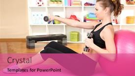  Presentation with gym ball - Slide set with young woman doing fitness exercises with gym ball at home background and a coral colored foreground