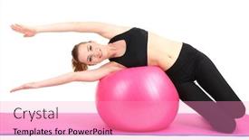  Presentation with gym ball - Slide deck enhanced with young woman doing fitness exercises with gym ball isolated on white background and a coral colored foreground
