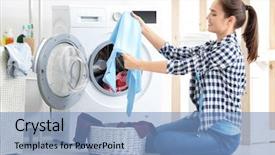  Presentation with laundry - Slides featuring young woman doing laundry background and a light blue colored foreground