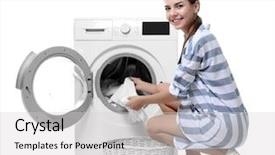  Presentation with laundry - Theme having young woman doing laundry background and a light gray colored foreground