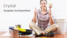  Presentation with home renovation - PPT theme with young woman doing renovation interior wall of home background and a sky blue colored foreground