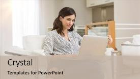  Presentation with business research - Beautiful PPT theme featuring young woman doing research work backdrop and a mint green colored foreground