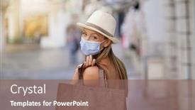  Presentation with face mask - Theme having young-woman-doing-shopping background and a violet colored foreground