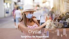  Presentation with face mask - Presentation theme having young-woman-doing-shopping background and a coral colored foreground