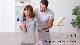  Presentation with sport coach - PPT theme featuring young-woman-doing-sport-exercises background and a light gray colored foreground