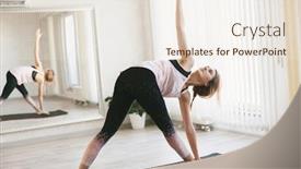  Presentation with exercise class - Amazing slide deck having young-woman-doing-stretching-exercise backdrop and a sky blue colored foreground