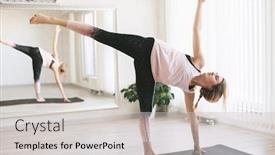  Presentation with exercise class - PPT theme featuring young-woman-doing-stretching-exercise background and a light gray colored foreground