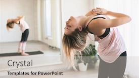  Presentation with exercise class - Audience pleasing PPT theme consisting of young-woman-doing-stretching-exercise backdrop and a soft green colored foreground