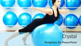  Presentation with pilates - Slide deck enhanced with young woman doing stretching on fitness ball during pilates exercises in sport club background and a cyan colored foreground