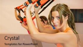  Presentation with club training - Audience pleasing presentation design consisting of young woman doing suspension training at the health club backdrop and a coral colored foreground