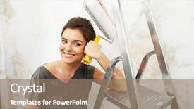  Presentation with happy smiling woman dental health - Presentation design enhanced with top view of smartphone microchip background and a  colored foreground.