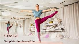  Presentation with young healthy people - PPT theme with young woman doing yoga extend background and a lemonade colored foreground