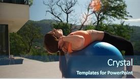  Presentation with villa - Amazing slide set having young woman doing yoga and streching on ball in front of villa backdrop and a ocean colored foreground