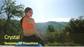  Presentation with villa - Presentation consisting of young woman doing yoga and streching on ball in front of villa background and a tawny brown colored foreground
