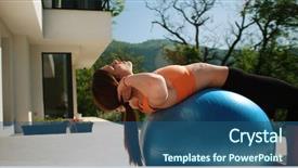  Presentation with villa - Cool new slide set with young woman doing yoga and streching on ball in front of villa backdrop and a ocean colored foreground