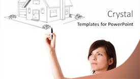  Presentation with whiteboard - Beautiful presentation theme featuring young woman drawing a house on whiteboard isolated on white backdrop and a white colored foreground