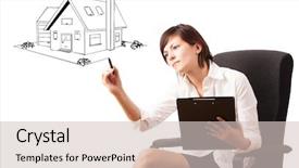  Presentation with whiteboard - PPT theme with young woman drawing a house on whiteboard isolated on white background and a soft green colored foreground
