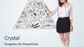  Presentation with food pyramid - Slides featuring young woman drawing a various food pyramid on whiteboard background and a sky blue colored foreground