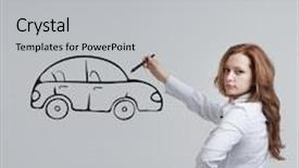  Presentation with financial planning - PPT theme featuring young woman drawing car concept on the subject of dreams or financial planning background and a light gray colored foreground