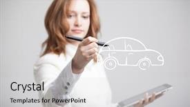  Presentation with financial planning - Beautiful presentation theme featuring young woman drawing car concept backdrop and a light gray colored foreground