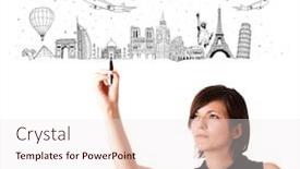  Presentation with cities - PPT theme with young woman drawing famous cities and landmarks on whiteboard isolated on white background and a sky blue colored foreground