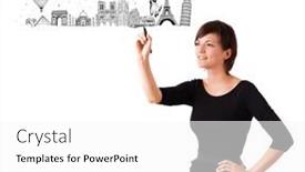 Presentation with cities - Slide deck with young woman drawing famous cities and landmarks on whiteboard isolated on white background and a white colored foreground