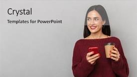  Presentation with mobile phone in woman hand - Amazing PPT theme having young woman dressed in burgundy backdrop and a light gray colored foreground