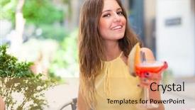  Presentation with cocktail mixer - Cool new presentation design with young woman drinking a cocktail backdrop and a  colored foreground